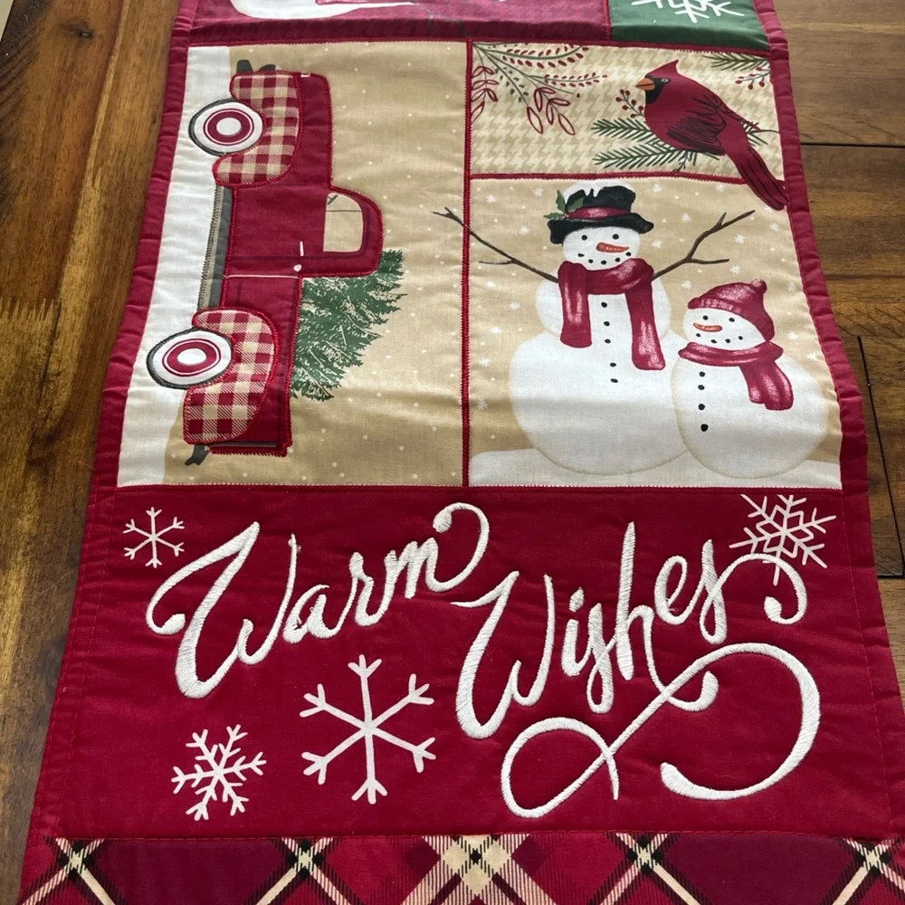 St. Nicholas Square‎ Patchwork Snowman Red Truck Snow Table Runner 13 x 36